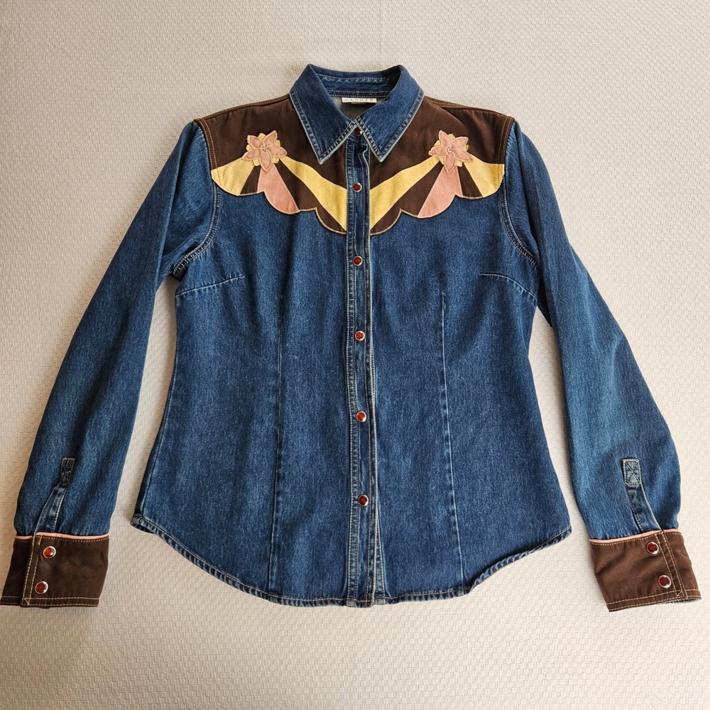 Vintage Lawman Women L Western Denim Shirt Jacket Pearl Snap Floral Applique